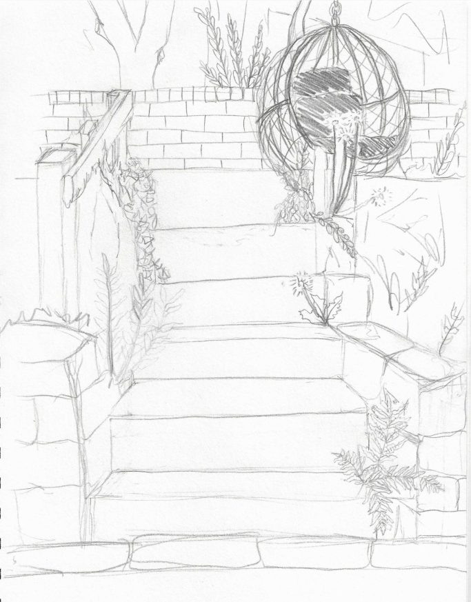 Pathway with steps leading to a stone structure, surrounded by plants and trees.