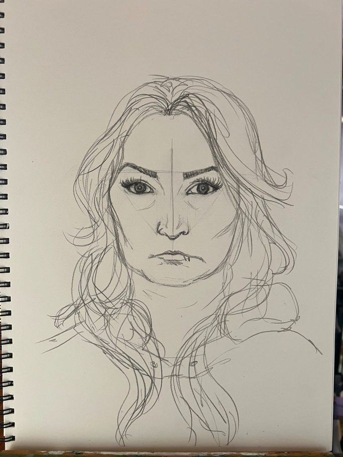 A pencil sketch of a woman with long wavy hair and a serious expression.