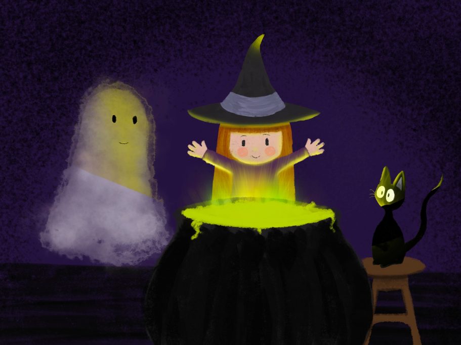 An illustration of a little witch stood behind a cauldron with her cat and her friend, the ghost
