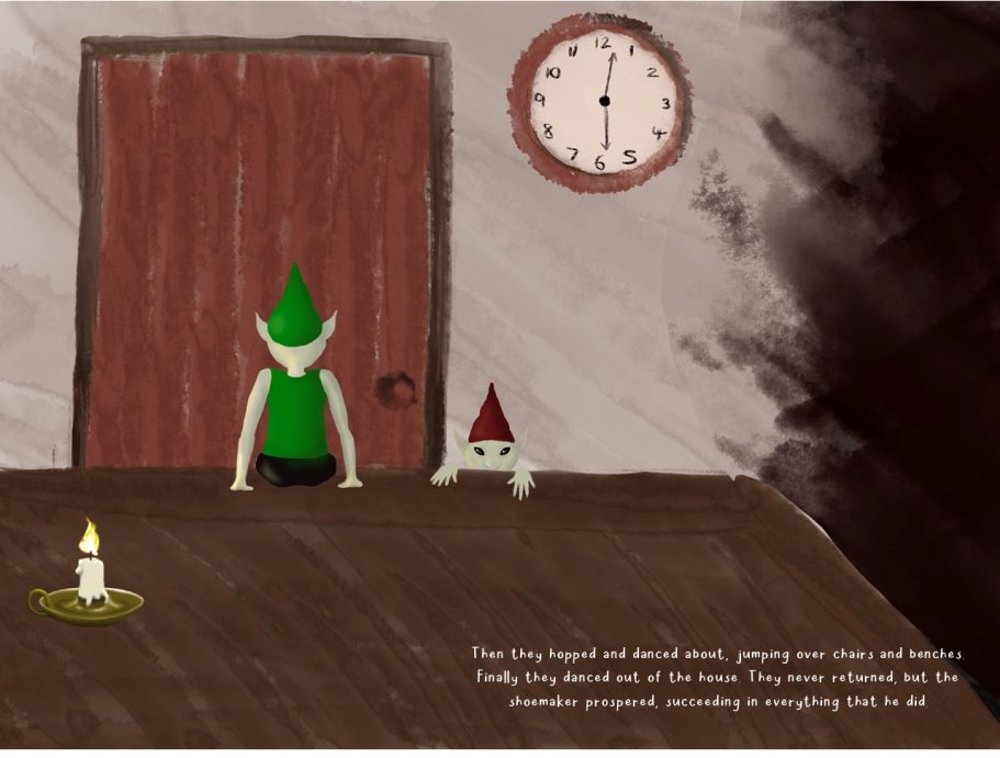 A green-clad figure stands beside a small gnome in a dimly lit room with a clock.