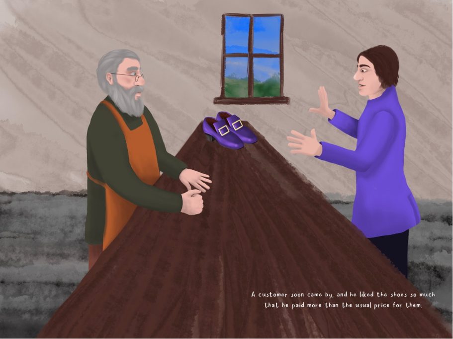 A man and a woman converse at a wooden counter, with shoes placed between them.