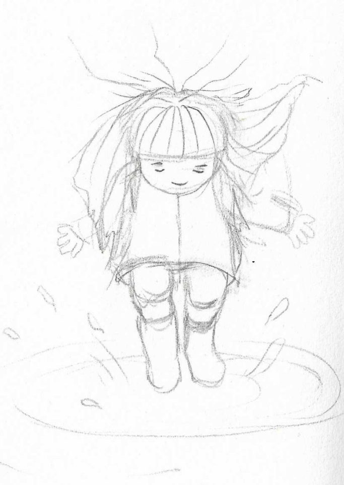 sketch of a little girl jumping in a puddle 