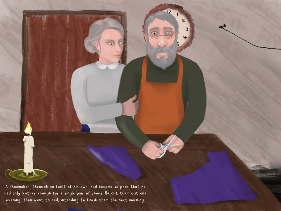 An elderly couple seated at a table with fabric, a candle, and a clock in the background.