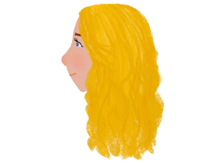 Profile view of a female figure with long, wavy blonde hair and blue eyes.