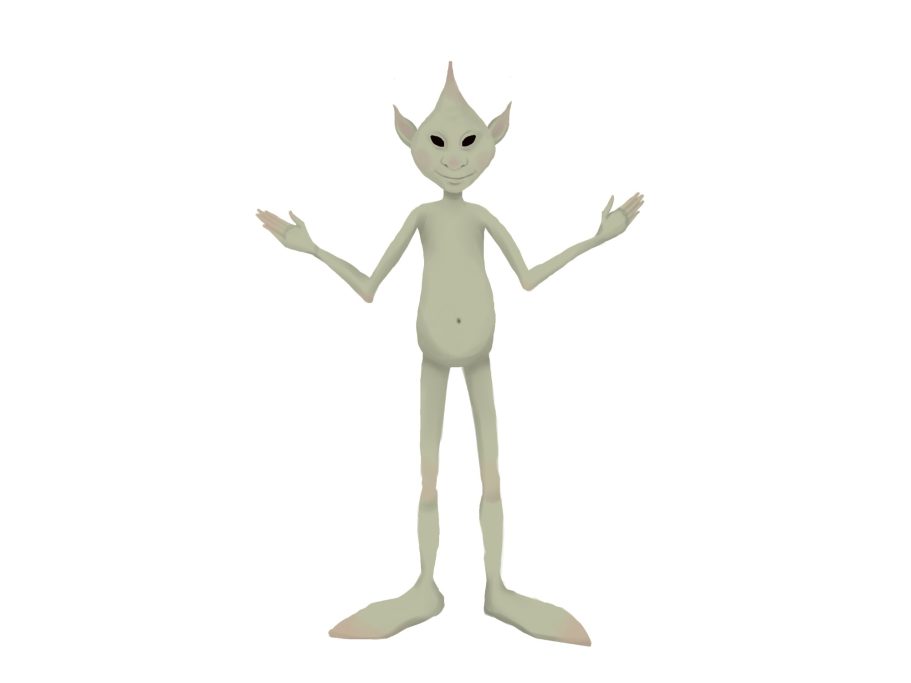 A slender, humanoid alien with large eyes and pointed ears, standing with arms raised.